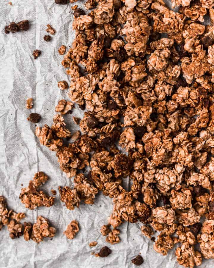 A close up of healthy peanut butter chocolate chip granola.
